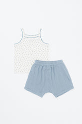 Flat lay of Avauma baby tank set in blue picot – white sleeveless top with blue trim and matching blue shorts